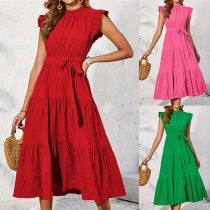 Fashion Solid Color Ruffle Crew Neck Sleeveless Self-tie Tiered Texture Dress