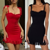 Fashion Self-tie Shoulder Strap Ruffle Hemline Bodycon Dress