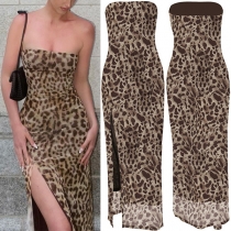 Sexy Leopard Printed Strapless Side Slit Maxi Dress