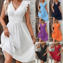 Fashion Solid Color V-neck Ruffle Sleeveless High-rise Hollowout Mini Dress