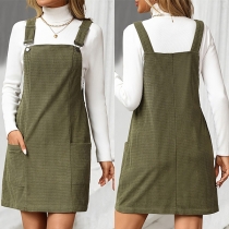 Fashion Square Neck Patch Pockets Suspender Dress