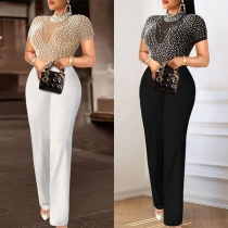 Fashion Semi-through Bead Crew Neck Short Sleeve High-rise Straight-cut Jumpsuit
