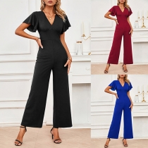 Fashion Solid Color V-neck Ruffle Short Sleeve High-rise Straight-cut Jumpsuit