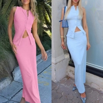 Solid Color Two-Piece Set: Striped Sleeveless Button-Down Vest with Matching Skirt