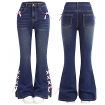 Fashion Bowknot Mid-rise Side Lace-up Wide-leg Old-washed Denim Jeans