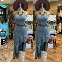 Fashion V-neck Ruffle Irregular Hemline Old-washed Denim Dress