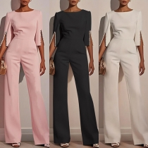 Solid Color Elegant Slim-Fit Beaded Jumpsuit