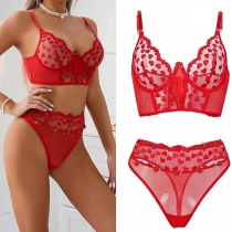 Embroidered Heart and Rose Two-Piece Lingerie Set