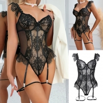 Floral Eyelash Lace See-Through Bodysuit for Women