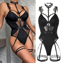 Off-Shoulder Halter Lace Bodysuit with Low-Cut and See-Through Design