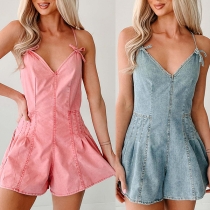 Casual Denim Romper with Bowknot