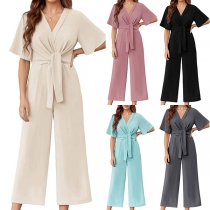 Short-Sleeve V-Neck Jumpsuit for Women with Bow Detail and Wide-Leg Design