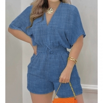 Short-Sleeve V-Neck Jumpsuit in Solid and Printed Styles