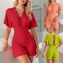 Short-Sleeve V-Neck Jumpsuit in Solid and Printed Styles