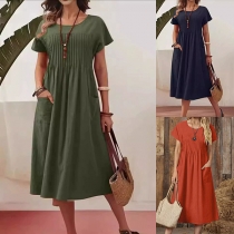 Pleated Cotton Linen Dress with Round Neck Short Sleeve