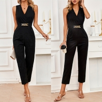 Casual Cross Collar Jumpsuit with Gold Chain Accent