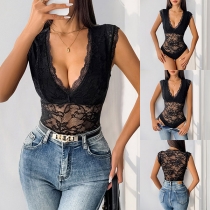 Sexy V-neck Sleeveless Lace Bodysuit