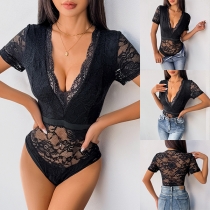 Fashion Plunge V-neck Short Sleeve Semi-through Lace Bodysuit