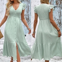 Fashion V-neck Ruffle Sleeveless Front Button Slit Texture Midi Dress