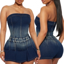 Sexy Strapless High-rise Pleated Hemline Old-washed Denim Dress
