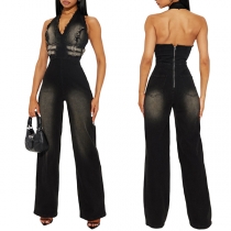 Fashion Halter Neck V-neck Backless Buckle Straight-cut Old-washed Denim Jumpsuit