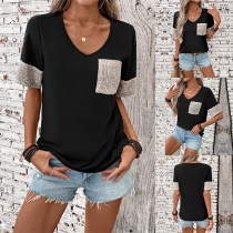 Fashion Bling-bling Sequined V-neck Short Sleeve Shirt