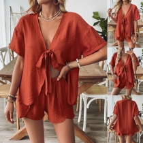 Fashion Two-piece Set Consist of Self-tie Cardigan and Shorts
