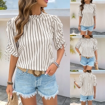 Fashion Vertical Stripe Printed Crew Neck Drawstring Short Sleeve Shirt