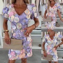 Fashion Floral Embroidery V-neck Short Sleeve Bodycon Dress