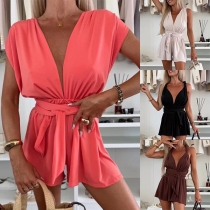 Fashion Solid Color V-neck Self-tie Romper