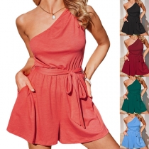 Fashion Solid Color Slant Shoulder Sleeveless Self-tie Romper