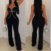 Fashion Rhinestone Bowknot V-neck Straight-cut Jumpsuit