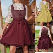 Vintage Square Neck Lace Spliced Sleeveless Self-tie Dress