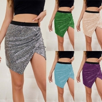 Fashion Bling-bling Mid-rise Irregular Hemline Sequined Skirt
