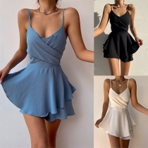 Fashion Solid Color V-neck Ruffle Romper