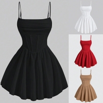 Fashion Solid Color Square Neck Cinch Waist Mini Dress