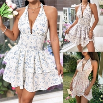 Fashion Halterneck V-neck Smocked Waist Tiered Mini Dress