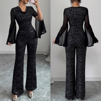 Fashion Bling-bling Sequined Draped Neck Gauze Spliced Long Sleeve Straight-cut Jumpsuit