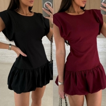 Fashion Solid Color Crew Neck Cap Sleeve Ruffle Hemline Mini Dress