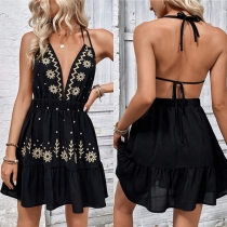 Fashion Floral Printed Halterneck V-neck Backless Mini Dress