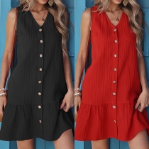Fashion Solid Color V-neck Sleeveless Front Button Mini Dress