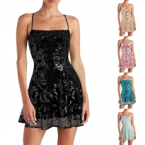 Sexy Floral Jacquard Sequin Square Neck Halter Neck Backless Party Dress
