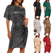 Fashion Bling-bling Sequined Slant Shoulder Short Sleeve Self-tie Wrap Dress