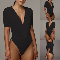 Fashion Solid Color V-neck Short Sleeve Bodysuit