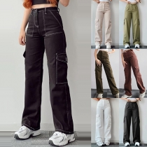 Fashion High-rise Side Patch Pockets Straight-cut Pants