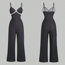 Polka Dot Suspender Jumpsuit with Lace Details