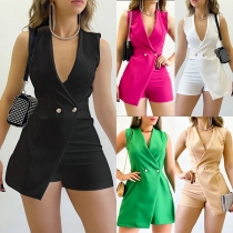 Fashion Solid Color Double-breasted V-neck Sleeveless Romper