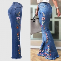 Vintage Floral Embroidered Wide-leg Frayed Hemline Old-washed Denim Pants