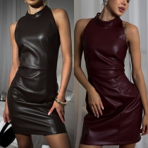 Slim Fit Halter Neck PU Leather Dress