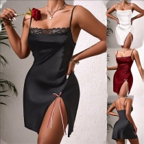 Low-Cut Silky Satin Nightdress with Lace Hem and Side Slit